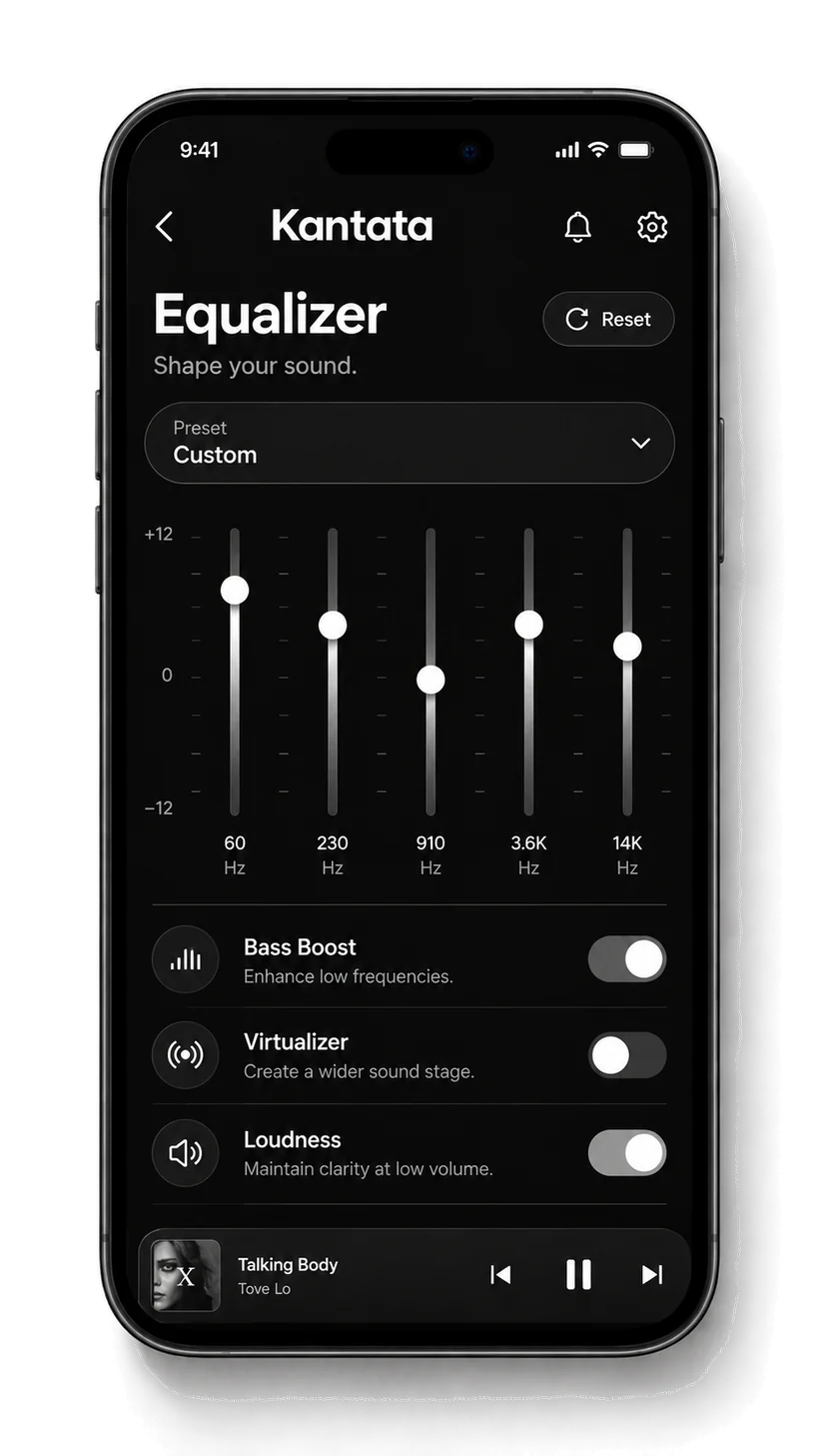 The Kantata equalizer: five frequency sliders with bass boost, virtualizer and loudness toggles.