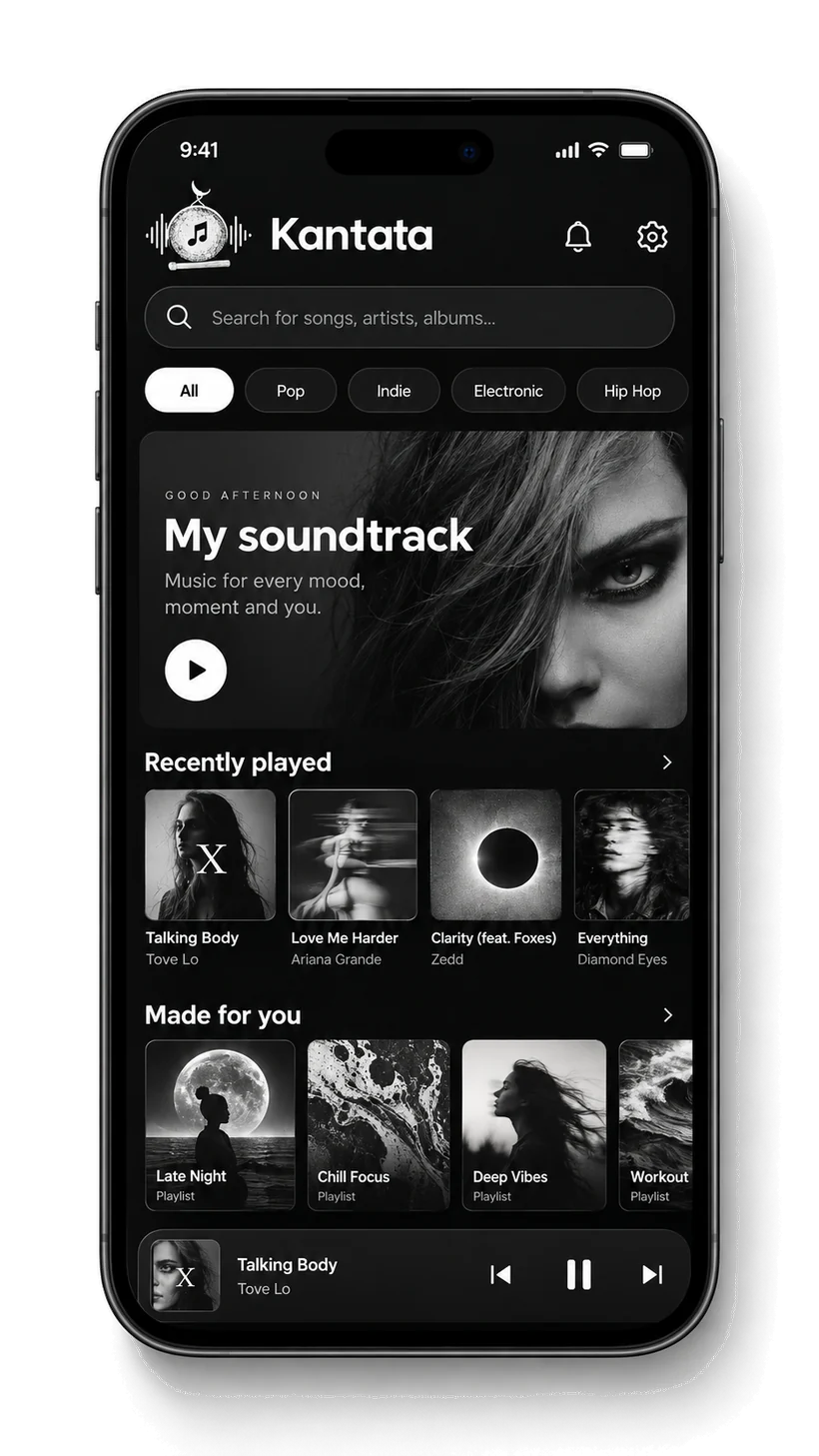The Kantata home screen: search, genre filters, a featured playlist, recently played and made-for-you rows.