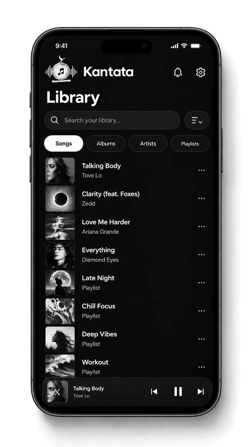 The Kantata library: a search field, Songs, Albums, Artists and Playlists filters, and a scrolling song list.