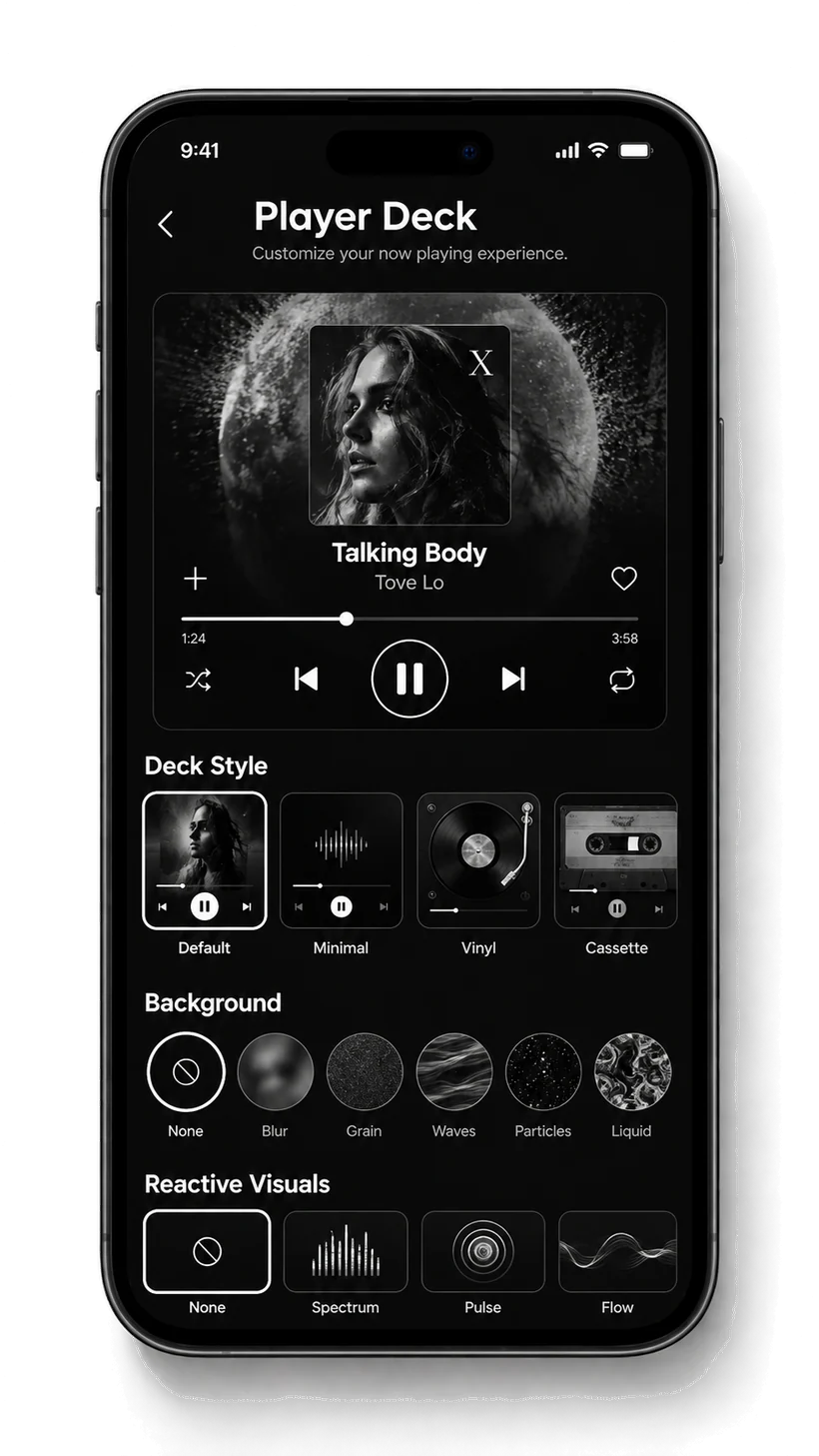 The Kantata player deck, offering deck styles, background textures and reactive visual options.