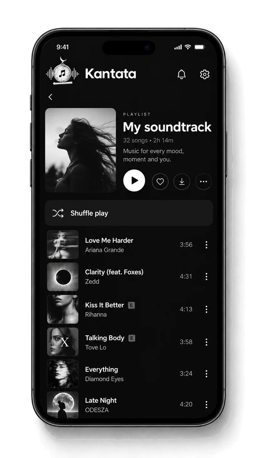A Kantata playlist: cover art, track count and running time, shuffle play, and the song list.
